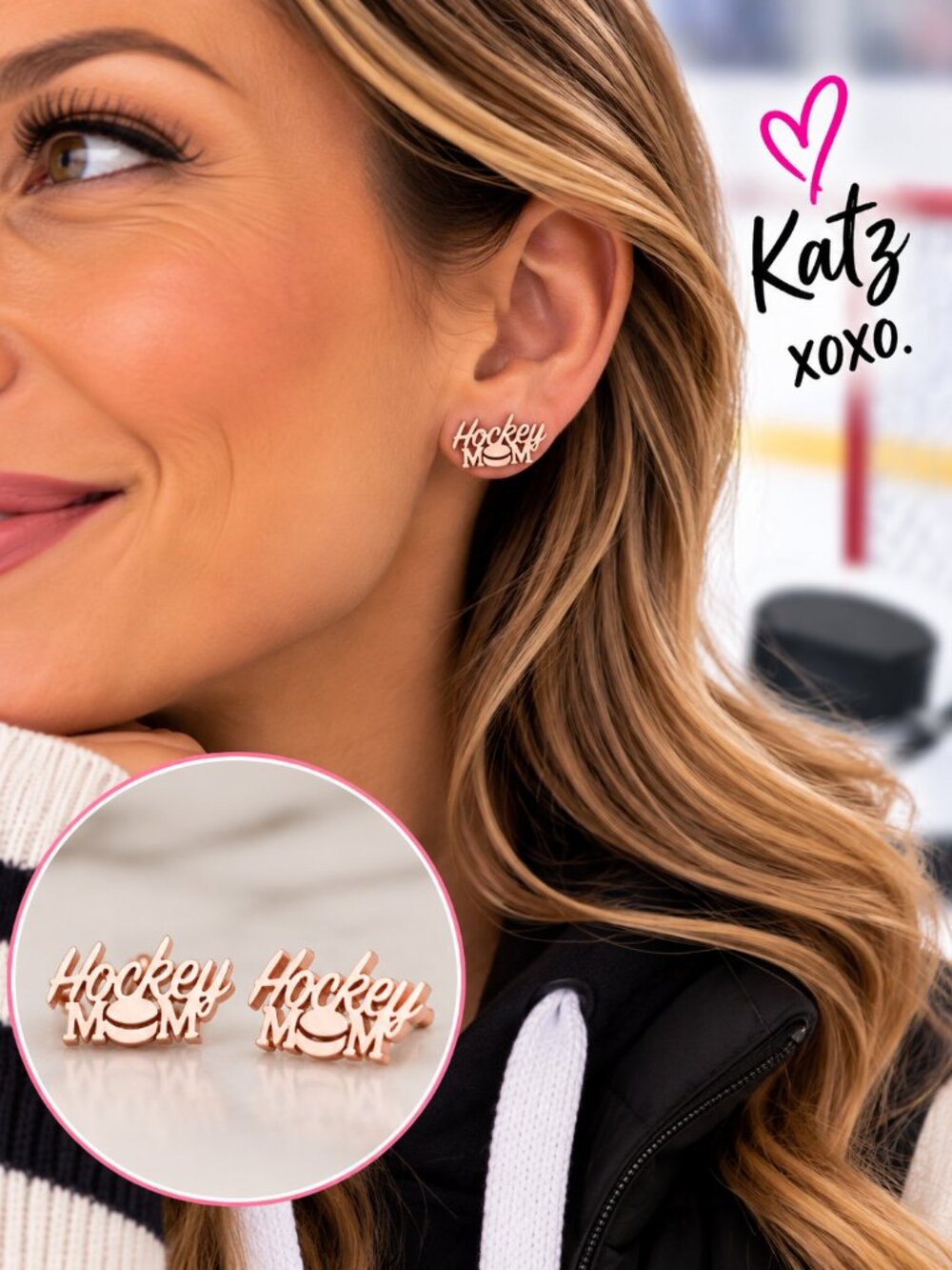 Rose Gold Hockey Mom Stud Earrings Stainless Steel Sports Mom Rink Gift Jewelry